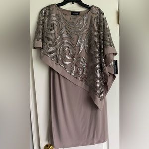 R&M Richards Metallic Sequin Asymmetric Lace Capelet Poncho Tan Dress Size 6